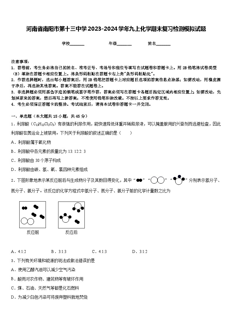 河南省南阳市第十三中学2023-2024学年九上化学期末复习检测模拟试题含答案01