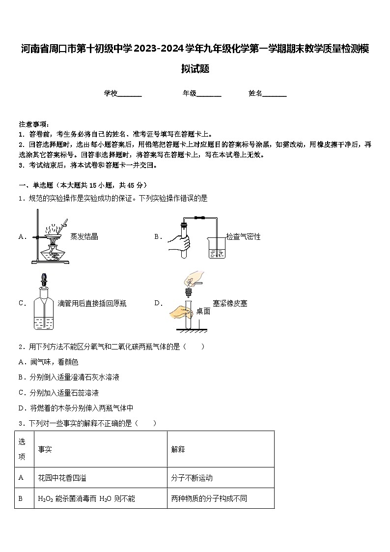 河南省周口市第十初级中学2023-2024学年九年级化学第一学期期末教学质量检测模拟试题含答案01