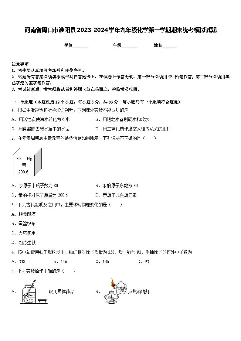 河南省周口市淮阳县2023-2024学年九年级化学第一学期期末统考模拟试题含答案第1页