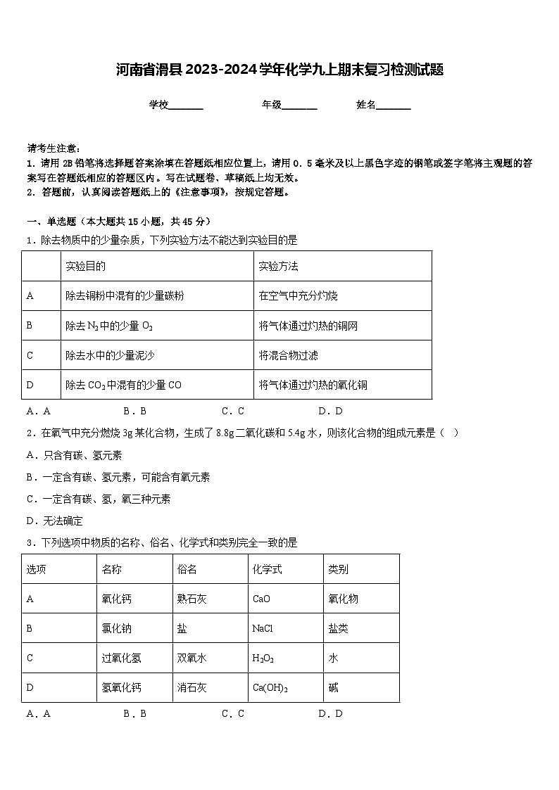 河南省滑县2023-2024学年化学九上期末复习检测试题含答案01