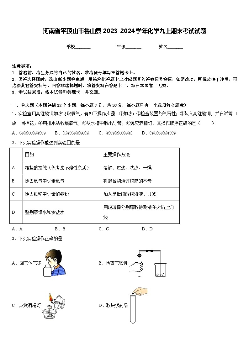 河南省平顶山市鲁山县2023-2024学年化学九上期末考试试题含答案第1页