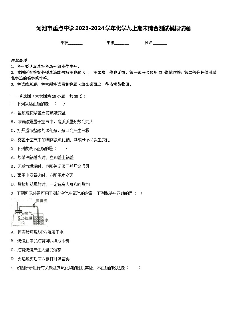 河池市重点中学2023-2024学年化学九上期末综合测试模拟试题含答案第1页