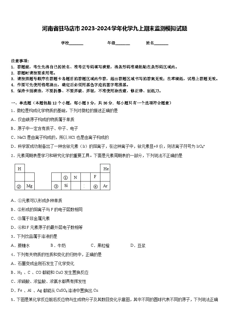 河南省驻马店市2023-2024学年化学九上期末监测模拟试题含答案01