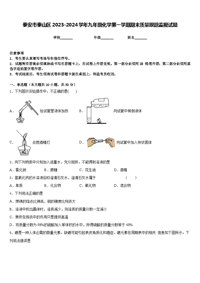 泰安市泰山区2023-2024学年九年级化学第一学期期末质量跟踪监视试题含答案第1页