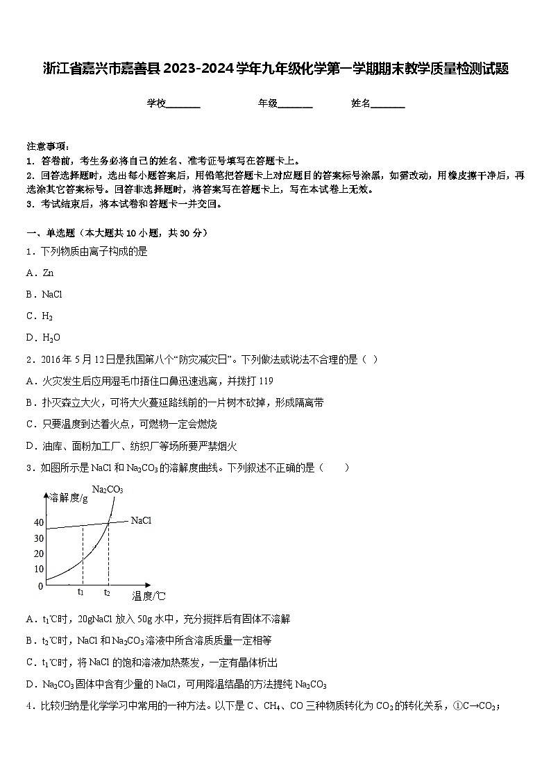浙江省嘉兴市嘉善县2023-2024学年九年级化学第一学期期末教学质量检测试题含答案第1页