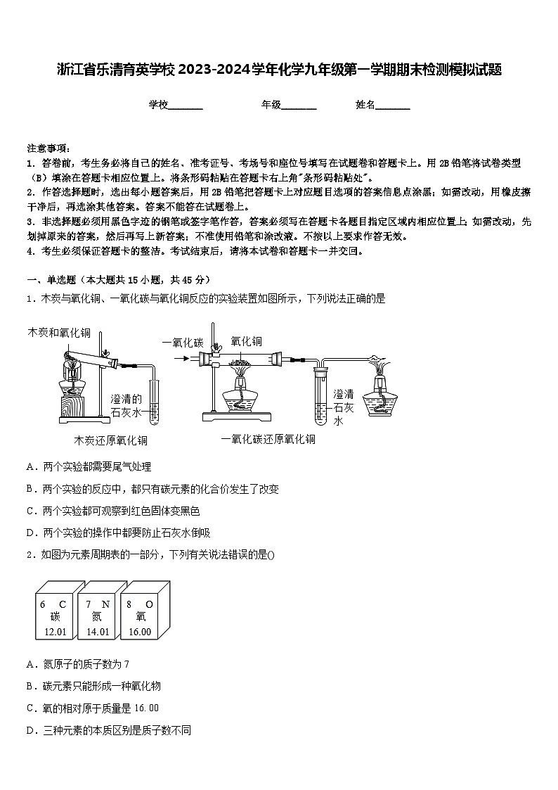 浙江省乐清育英学校2023-2024学年化学九年级第一学期期末检测模拟试题含答案第1页