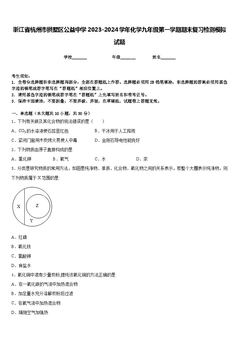 浙江省杭州市拱墅区公益中学2023-2024学年化学九年级第一学期期末复习检测模拟试题含答案第1页