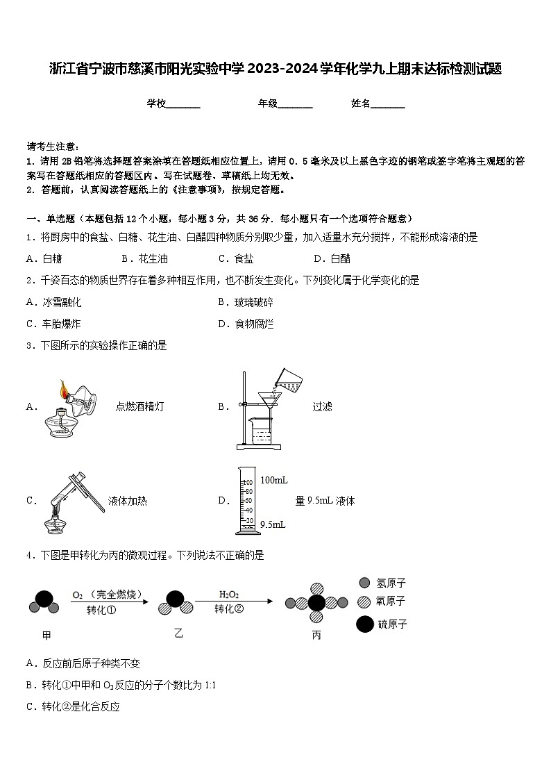 浙江省宁波市慈溪市阳光实验中学2023-2024学年化学九上期末达标检测试题含答案01