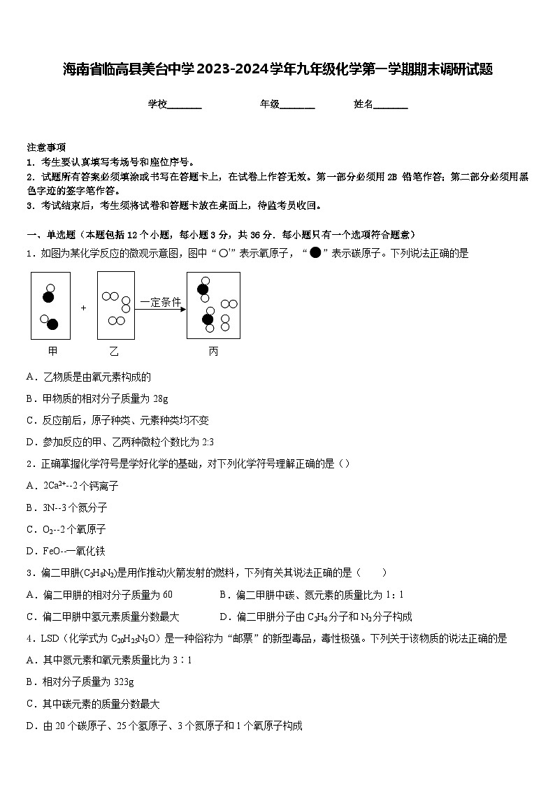 海南省临高县美台中学2023-2024学年九年级化学第一学期期末调研试题含答案第1页