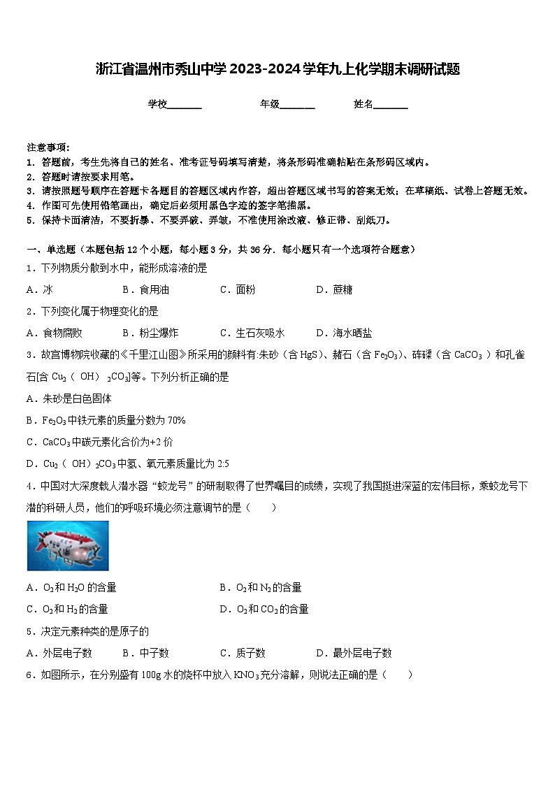 浙江省温州市秀山中学2023-2024学年九上化学期末调研试题含答案第1页