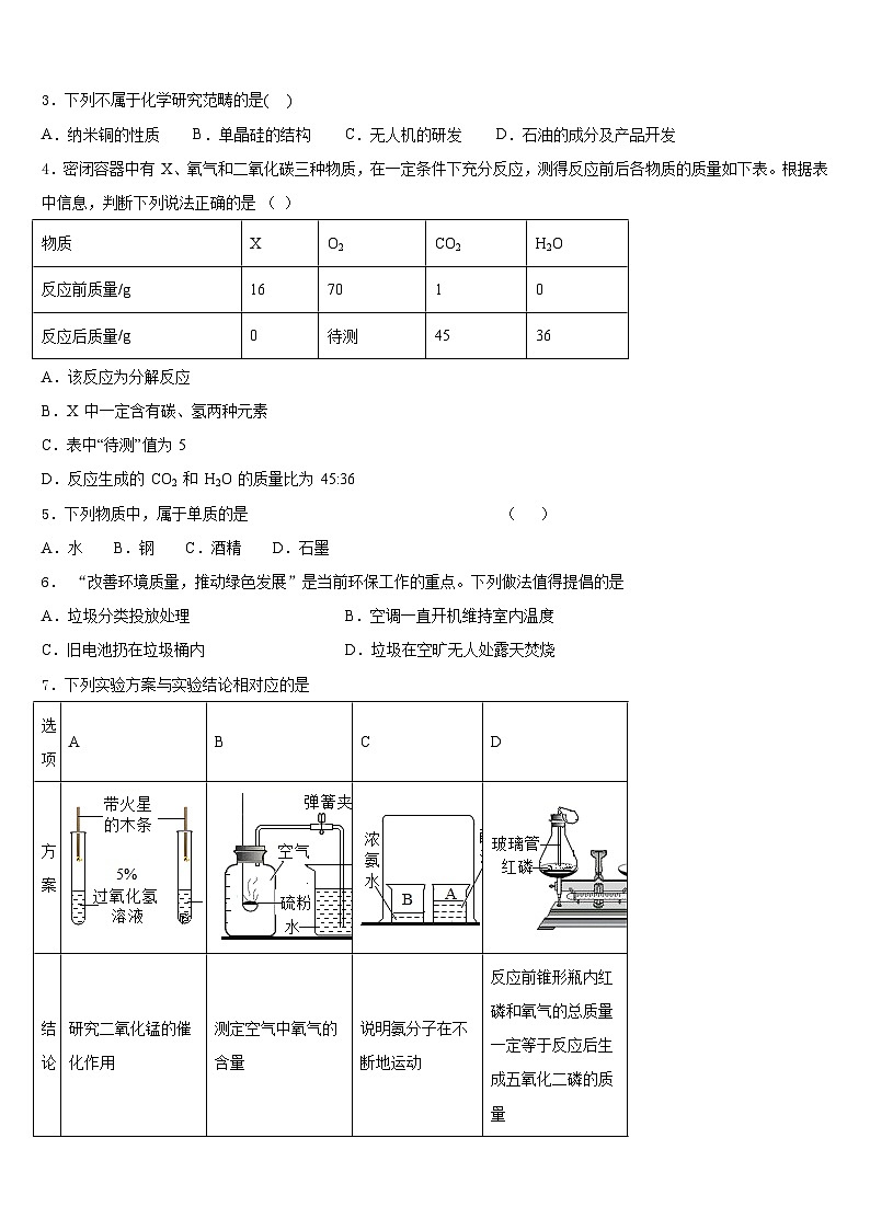湖北省大冶市2023-2024学年化学九年级第一学期期末考试试题含答案第2页