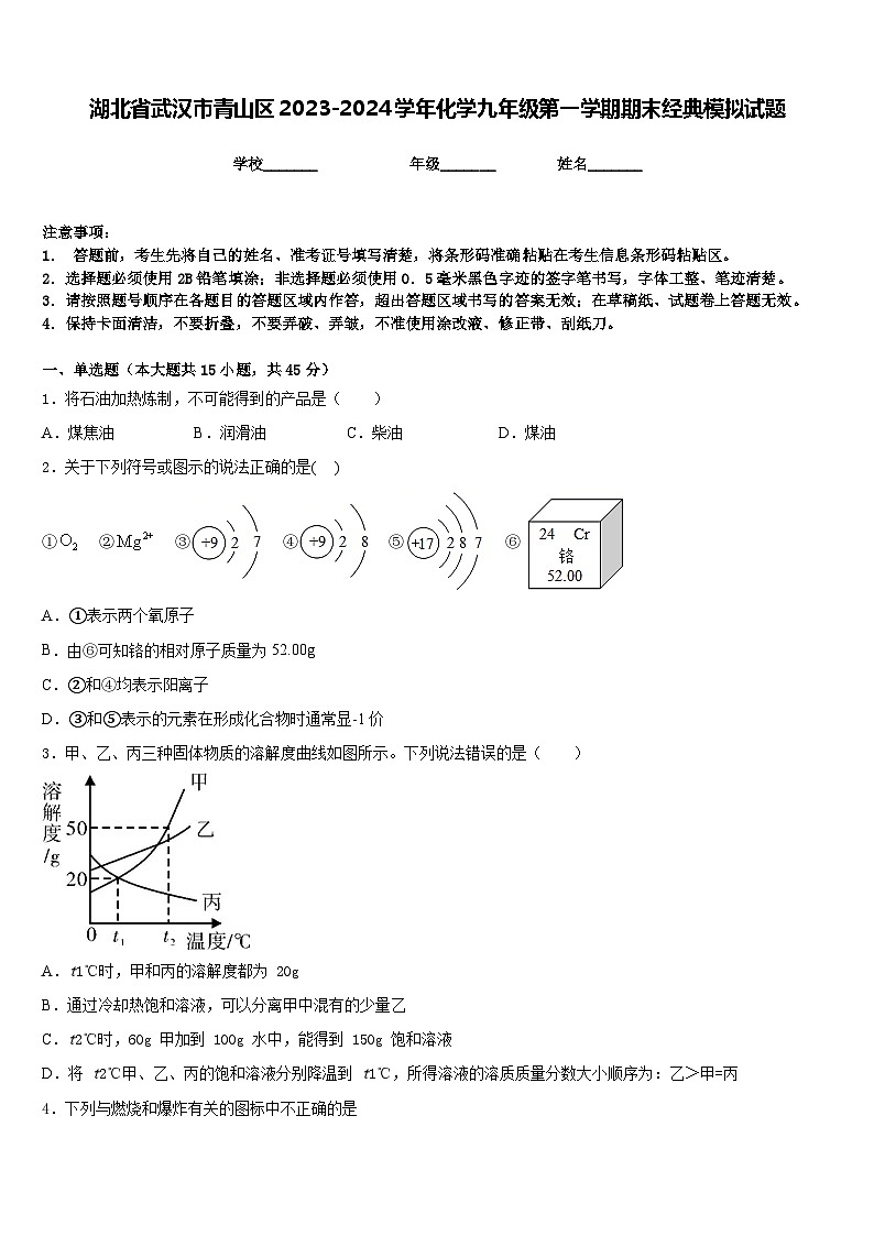 湖北省武汉市青山区2023-2024学年化学九年级第一学期期末经典模拟试题含答案第1页