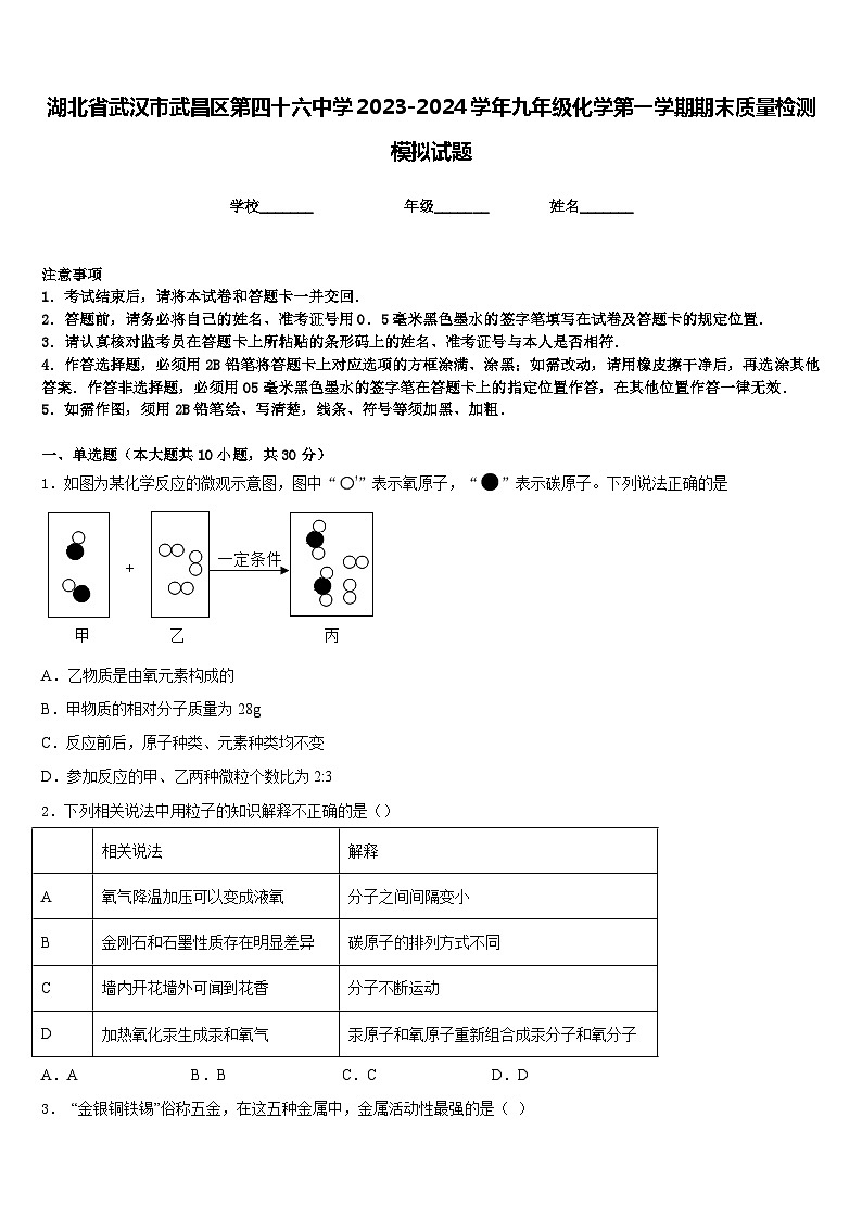 湖北省武汉市武昌区第四十六中学2023-2024学年九年级化学第一学期期末质量检测模拟试题含答案第1页