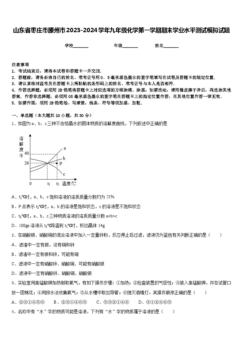 山东省枣庄市滕州市2023-2024学年九年级化学第一学期期末学业水平测试模拟试题含答案第1页