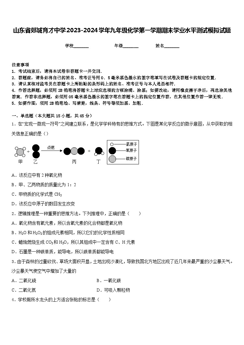 山东省郯城育才中学2023-2024学年九年级化学第一学期期末学业水平测试模拟试题含答案第1页