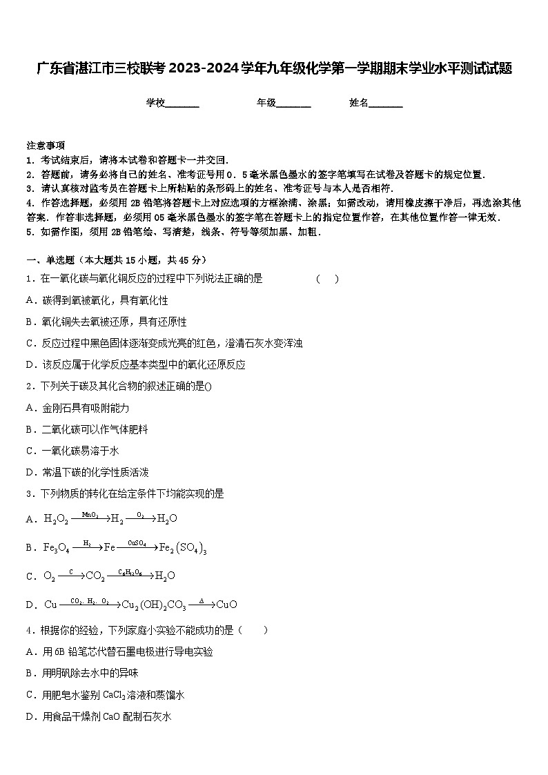 广东省湛江市三校联考2023-2024学年九年级化学第一学期期末学业水平测试试题含答案第1页