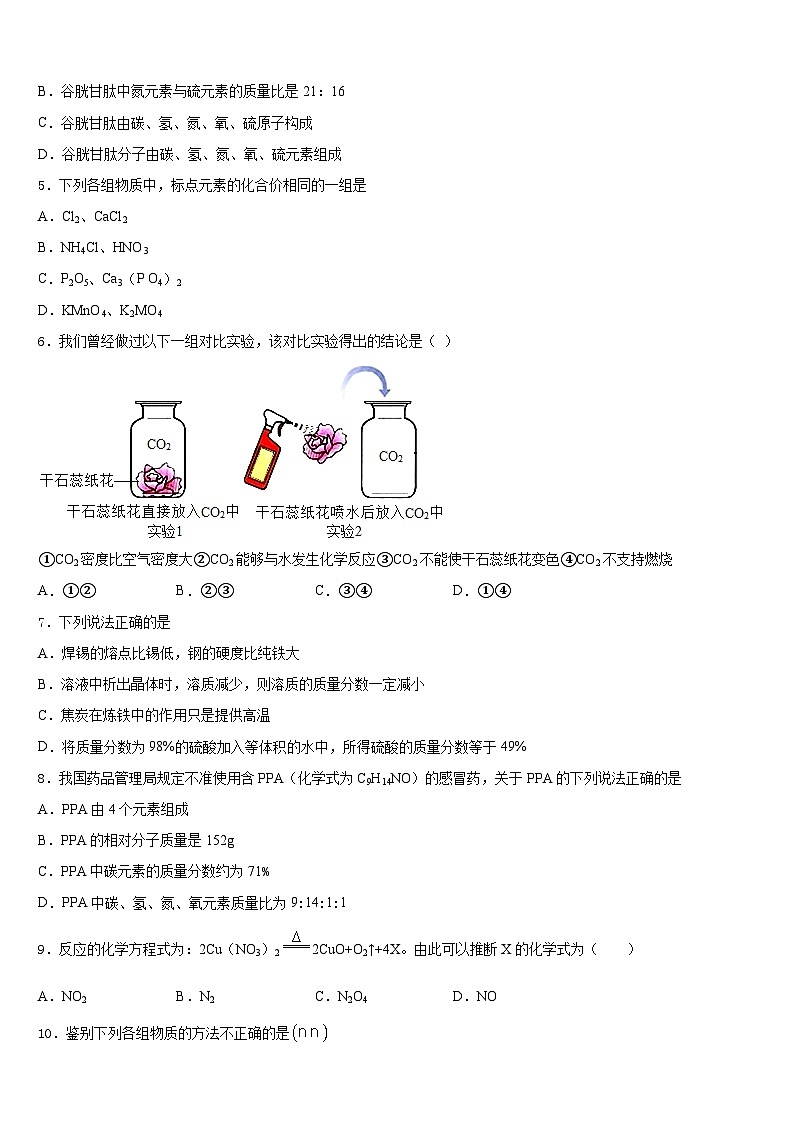 江苏省盐城市阜宁县2023-2024学年九上化学期末学业水平测试模拟试题含答案02