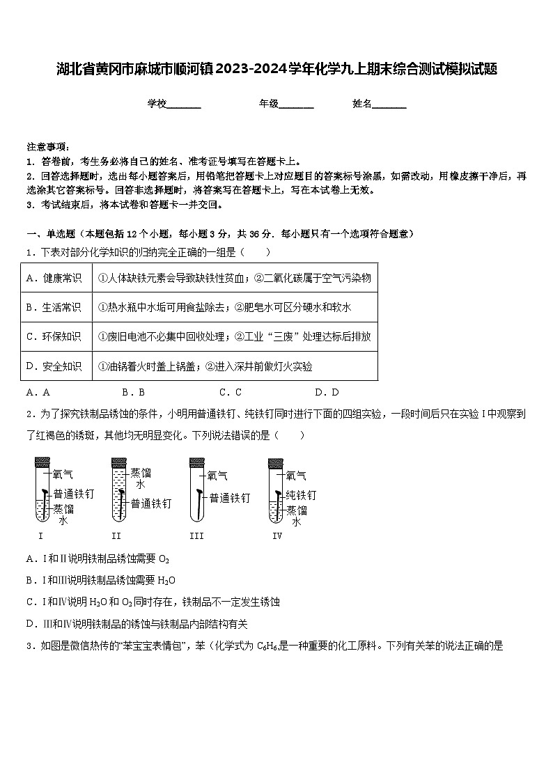湖北省黄冈市麻城市顺河镇2023-2024学年化学九上期末综合测试模拟试题含答案第1页