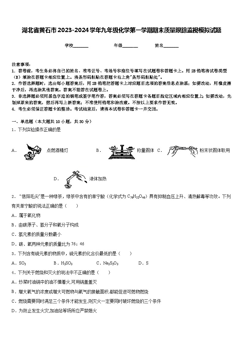 湖北省黄石市2023-2024学年九年级化学第一学期期末质量跟踪监视模拟试题含答案第1页