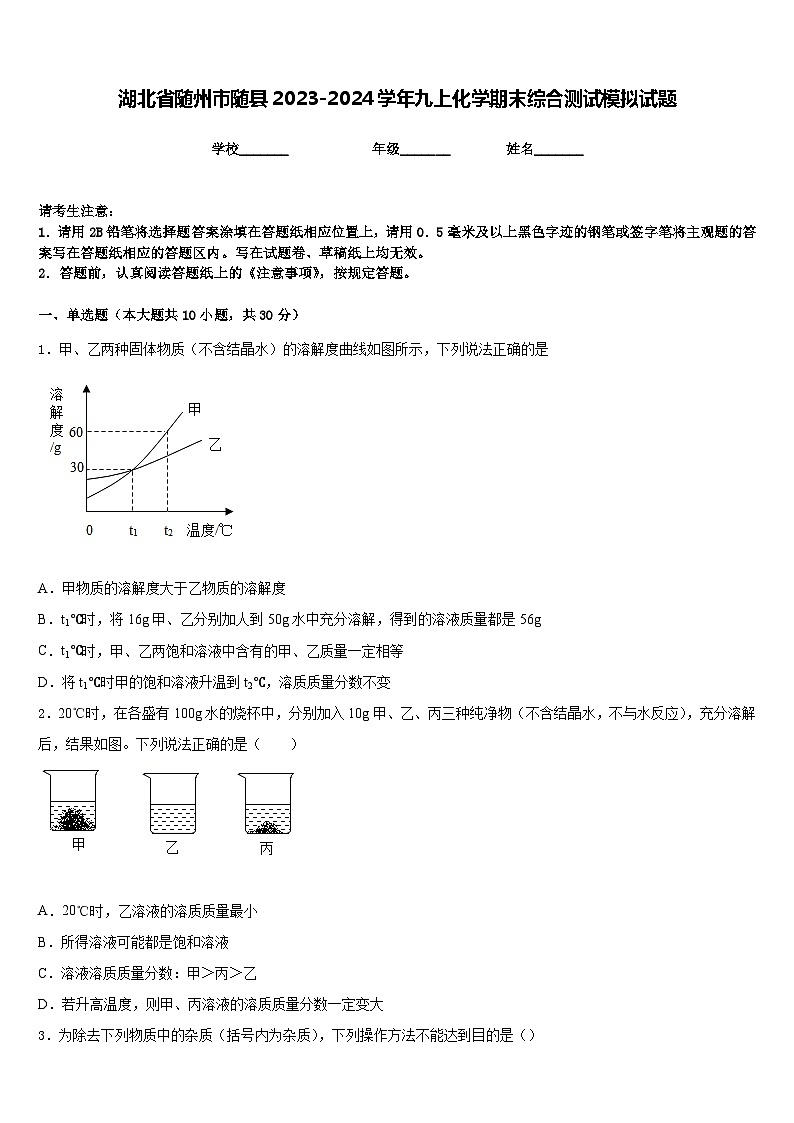 湖北省随州市随县2023-2024学年九上化学期末综合测试模拟试题含答案第1页