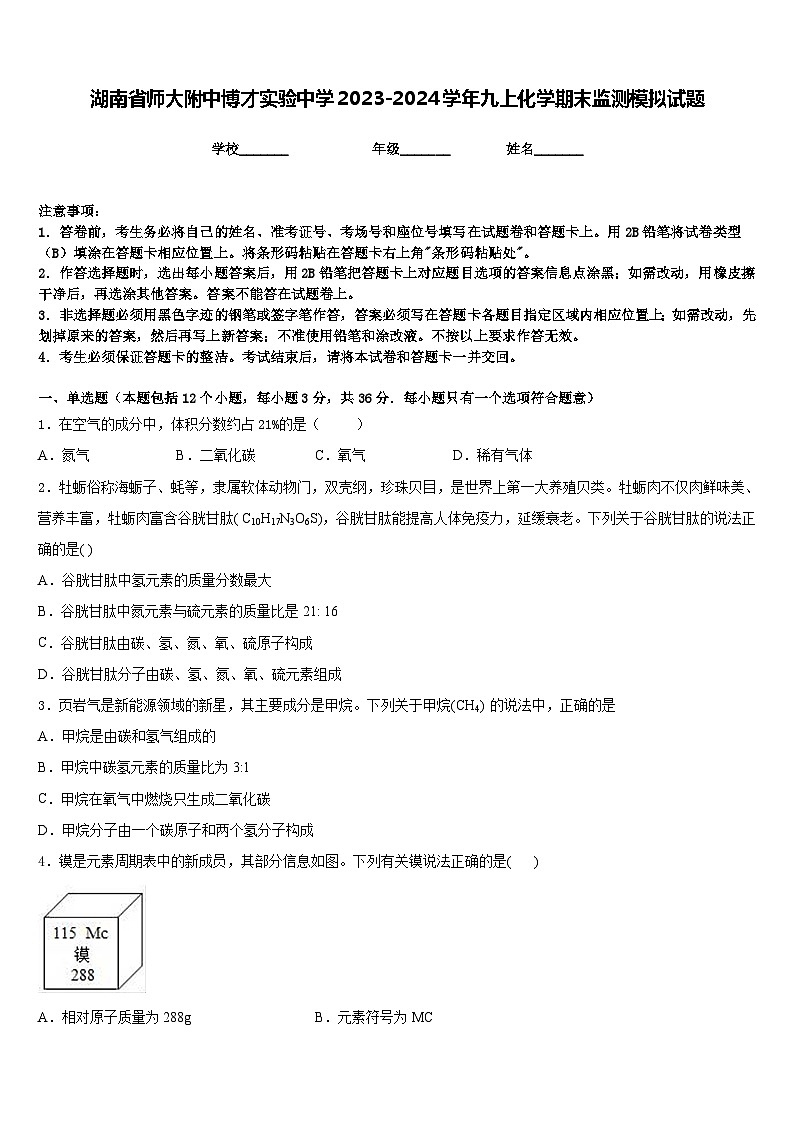 湖南省师大附中博才实验中学2023-2024学年九上化学期末监测模拟试题含答案第1页