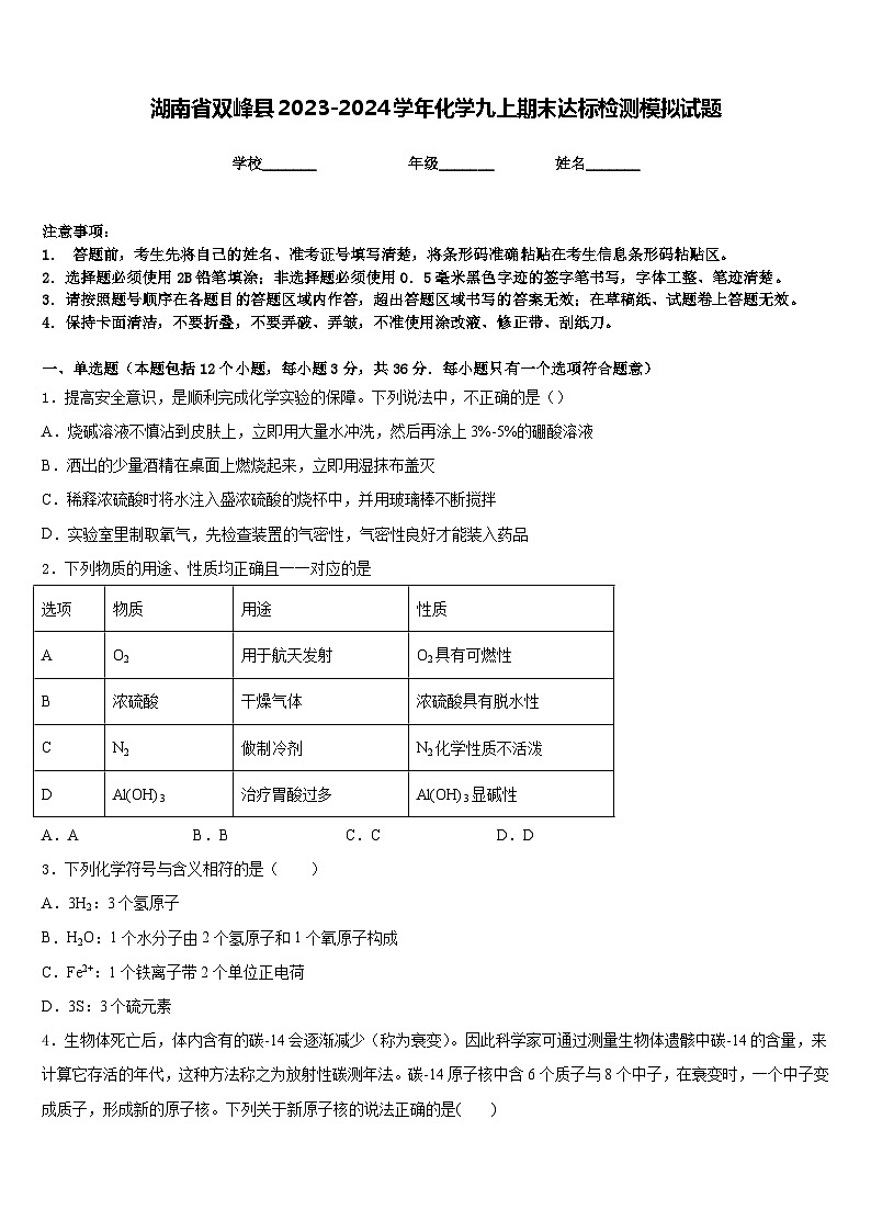 湖南省双峰县2023-2024学年化学九上期末达标检测模拟试题含答案01