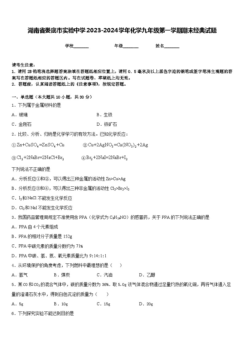 湖南省娄底市实验中学2023-2024学年化学九年级第一学期期末经典试题含答案01