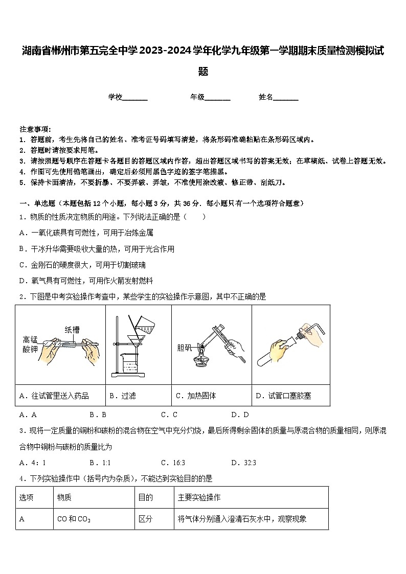 湖南省郴州市第五完全中学2023-2024学年化学九年级第一学期期末质量检测模拟试题含答案第1页