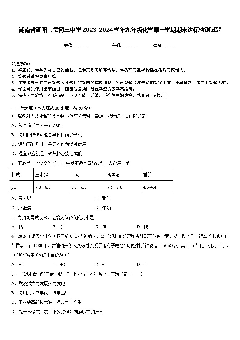 湖南省邵阳市武冈三中学2023-2024学年九年级化学第一学期期末达标检测试题含答案第1页