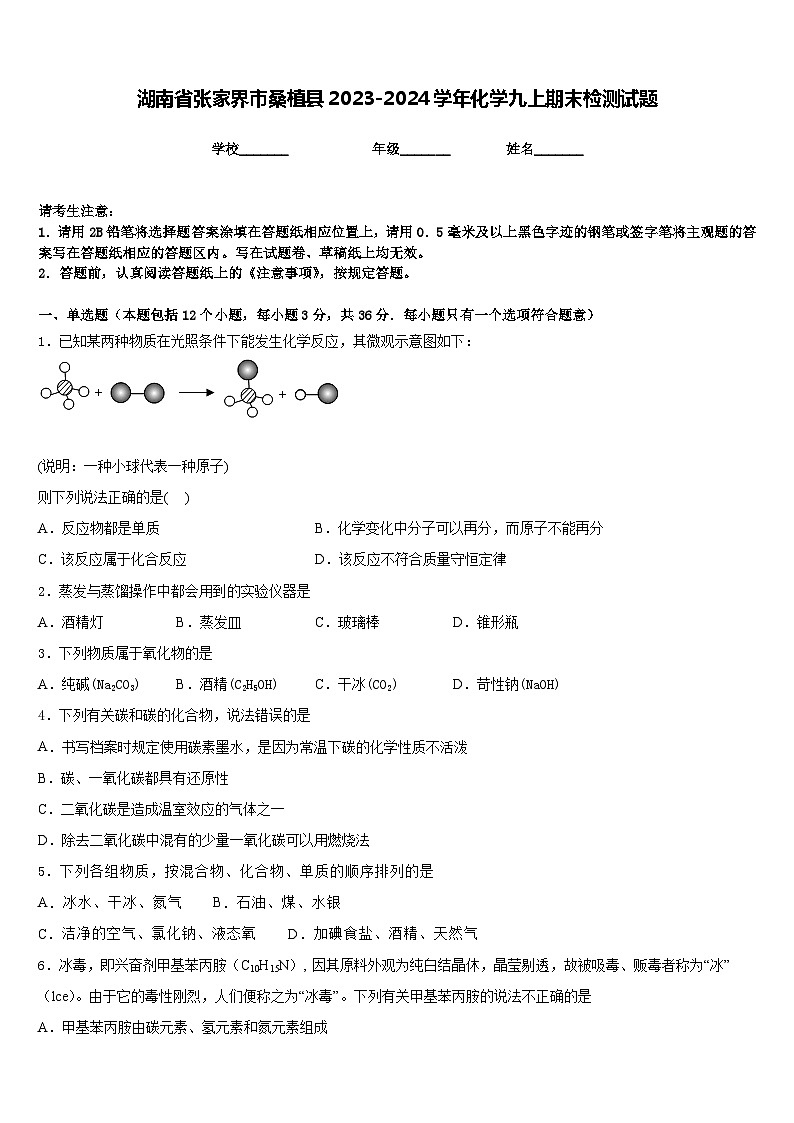 湖南省张家界市桑植县2023-2024学年化学九上期末检测试题含答案第1页