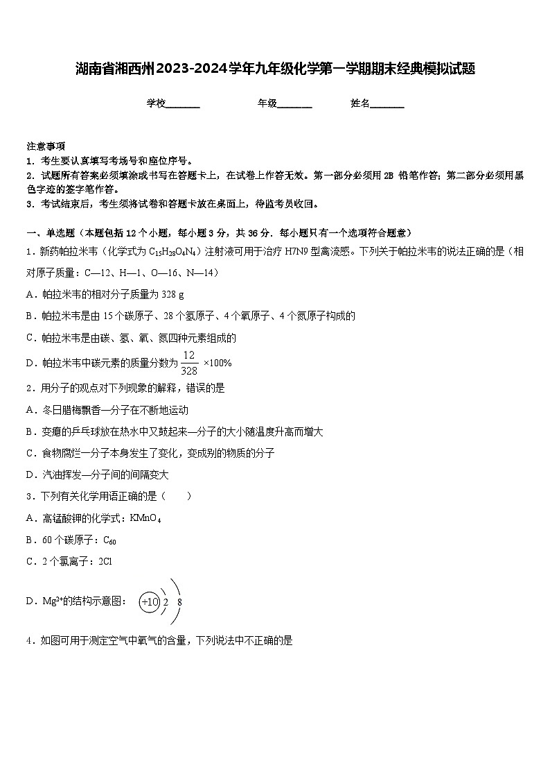 湖南省湘西州2023-2024学年九年级化学第一学期期末经典模拟试题含答案第1页
