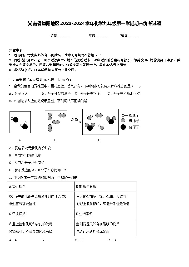 湖南省益阳地区2023-2024学年化学九年级第一学期期末统考试题含答案第1页