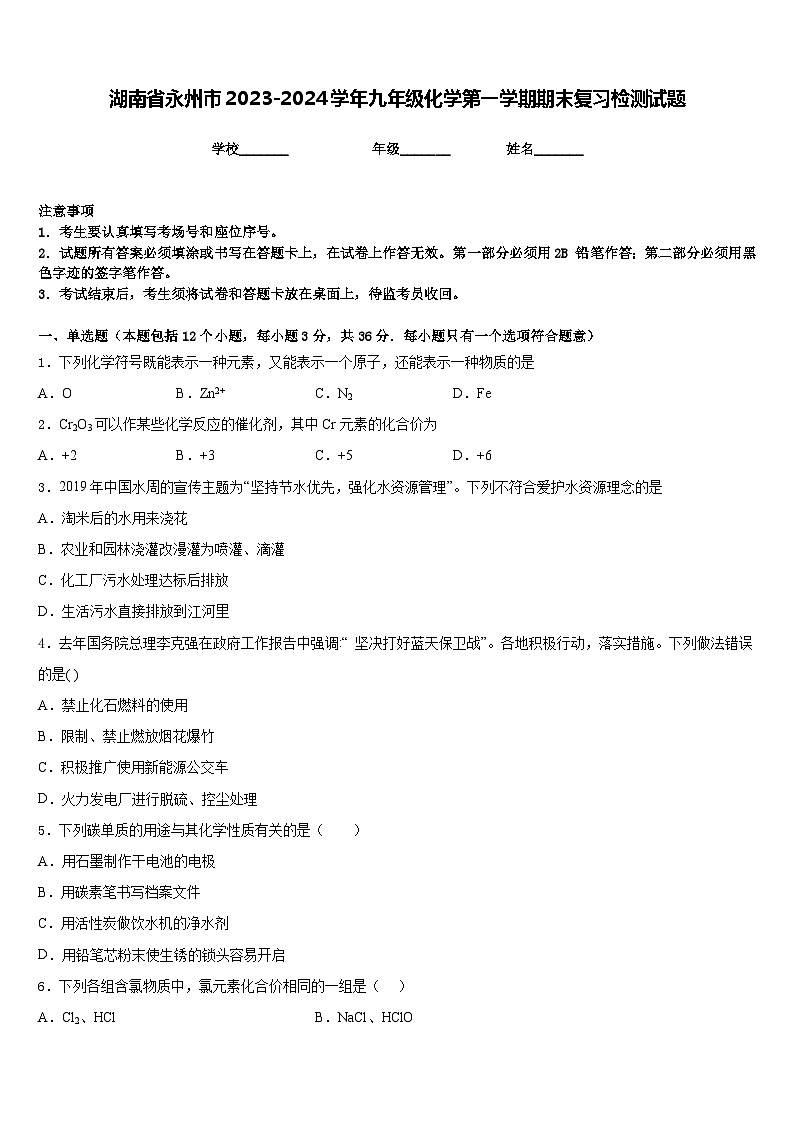湖南省永州市2023-2024学年九年级化学第一学期期末复习检测试题含答案第1页