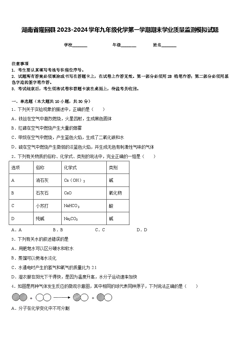 湖南省隆回县2023-2024学年九年级化学第一学期期末学业质量监测模拟试题含答案第1页