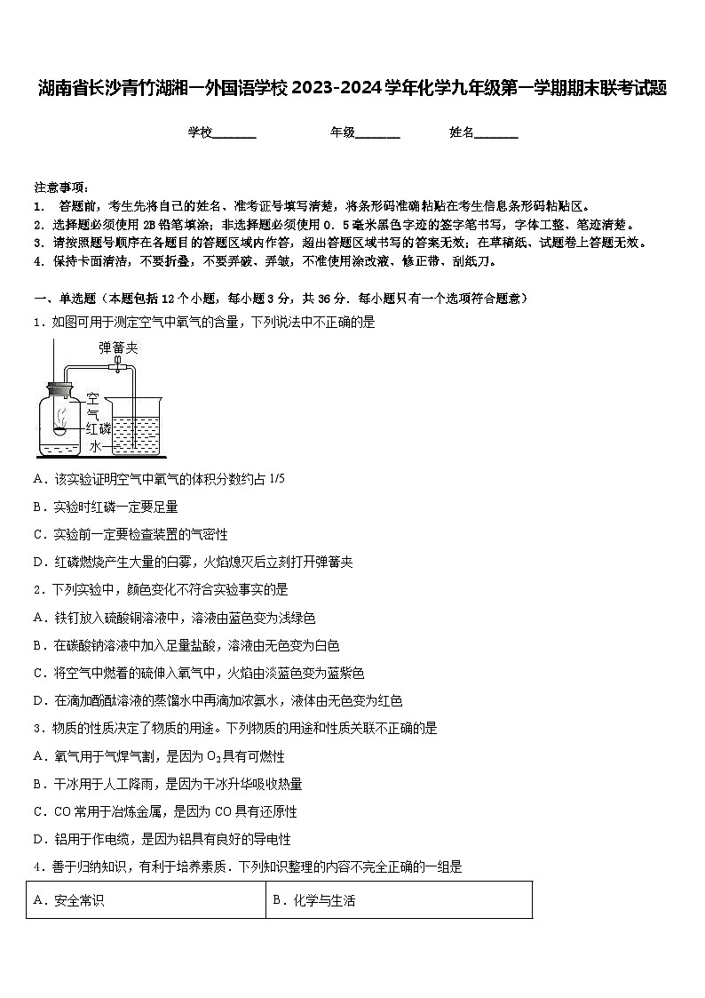 湖南省长沙青竹湖湘一外国语学校2023-2024学年化学九年级第一学期期末联考试题含答案第1页