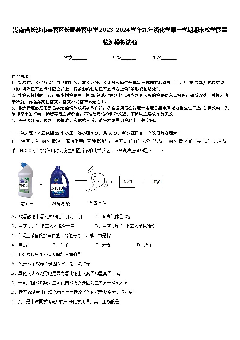 湖南省长沙市芙蓉区长郡芙蓉中学2023-2024学年九年级化学第一学期期末教学质量检测模拟试题含答案01