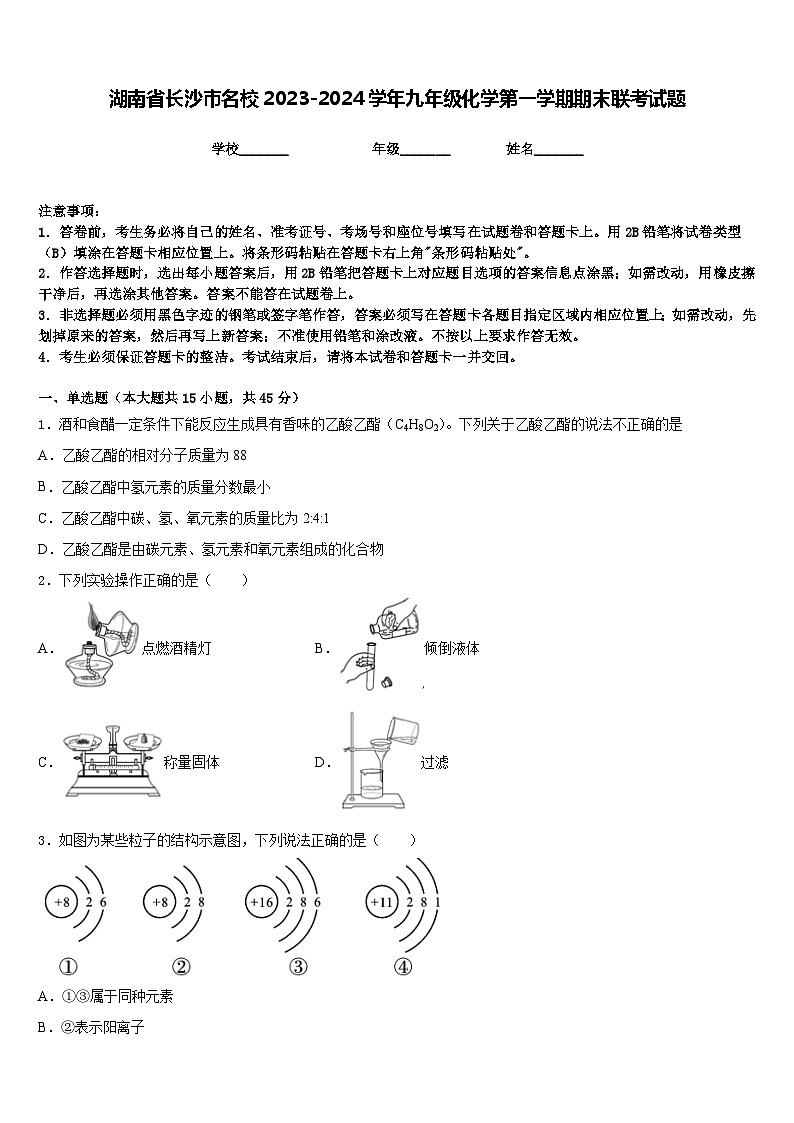 湖南省长沙市名校2023-2024学年九年级化学第一学期期末联考试题含答案第1页