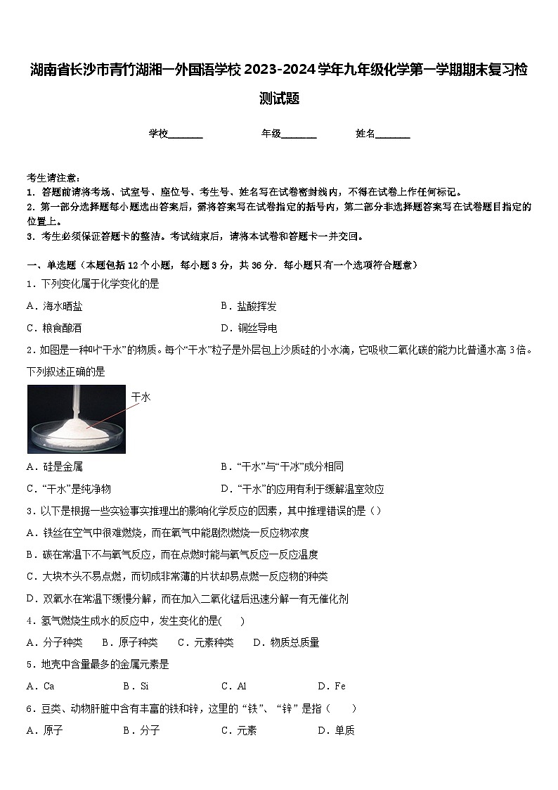 湖南省长沙市青竹湖湘一外国语学校2023-2024学年九年级化学第一学期期末复习检测试题含答案第1页