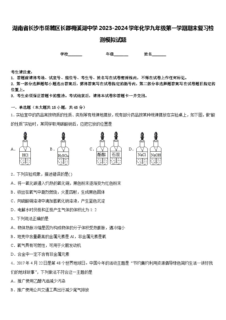 湖南省长沙市岳麓区长郡梅溪湖中学2023-2024学年化学九年级第一学期期末复习检测模拟试题含答案01