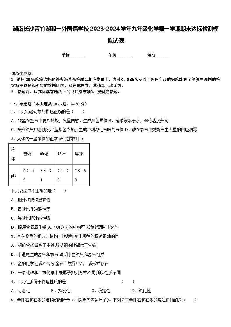 湖南长沙青竹湖湘一外国语学校2023-2024学年九年级化学第一学期期末达标检测模拟试题含答案第1页
