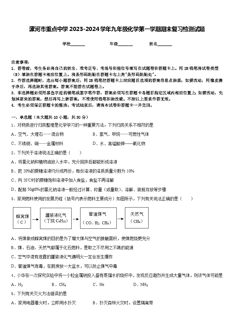 漯河市重点中学2023-2024学年九年级化学第一学期期末复习检测试题含答案第1页