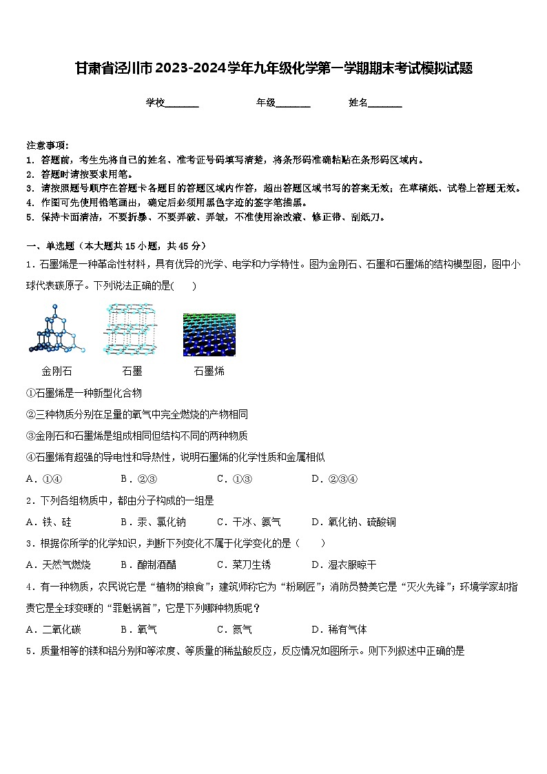 甘肃省泾川市2023-2024学年九年级化学第一学期期末考试模拟试题含答案第1页