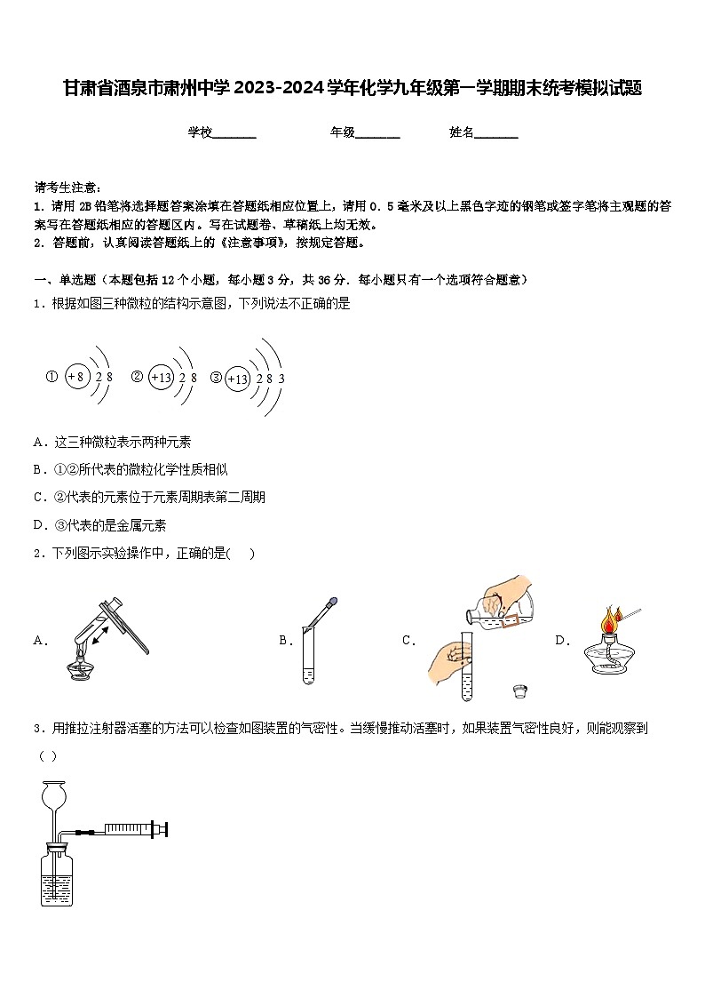 甘肃省酒泉市肃州中学2023-2024学年化学九年级第一学期期末统考模拟试题含答案第1页