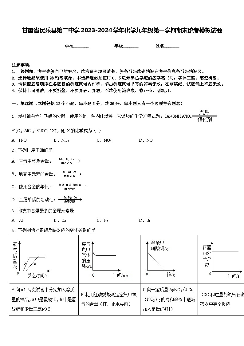 甘肃省民乐县第二中学2023-2024学年化学九年级第一学期期末统考模拟试题含答案第1页