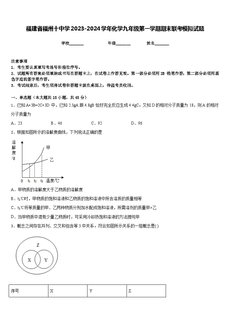 福建省福州十中学2023-2024学年化学九年级第一学期期末联考模拟试题含答案01