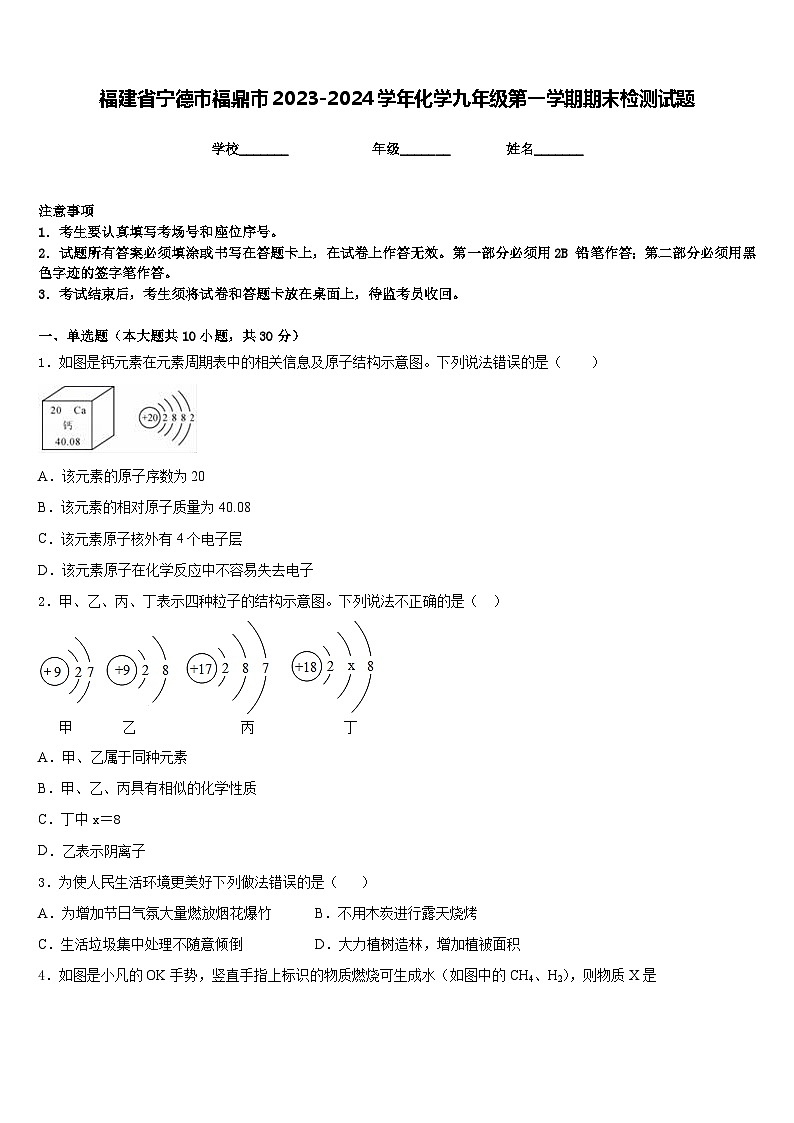 福建省宁德市福鼎市2023-2024学年化学九年级第一学期期末检测试题含答案第1页
