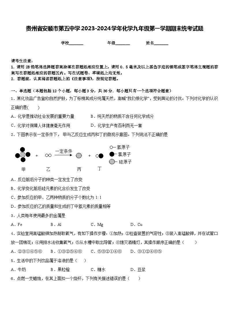贵州省安顺市第五中学2023-2024学年化学九年级第一学期期末统考试题含答案01
