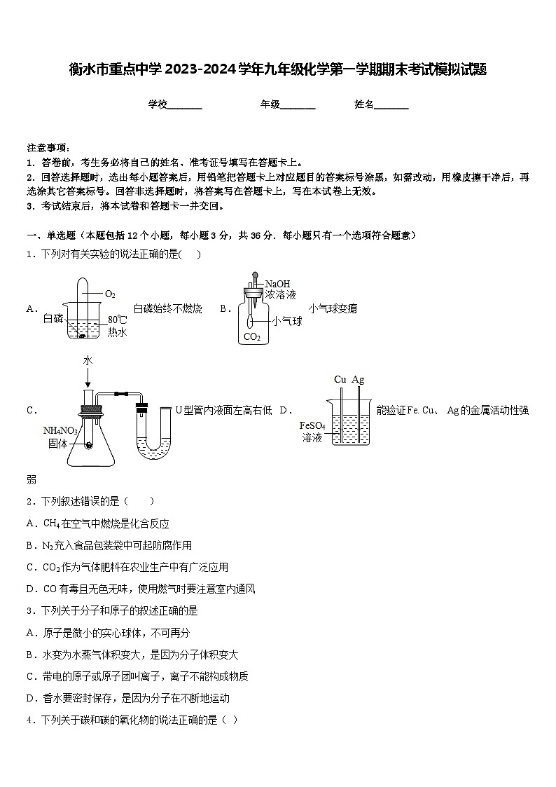 衡水市重点中学2023-2024学年九年级化学第一学期期末考试模拟试题含答案第1页