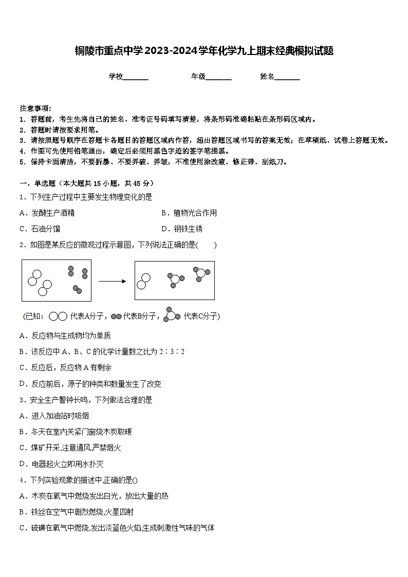 铜陵市重点中学2023-2024学年化学九上期末经典模拟试题含答案第1页