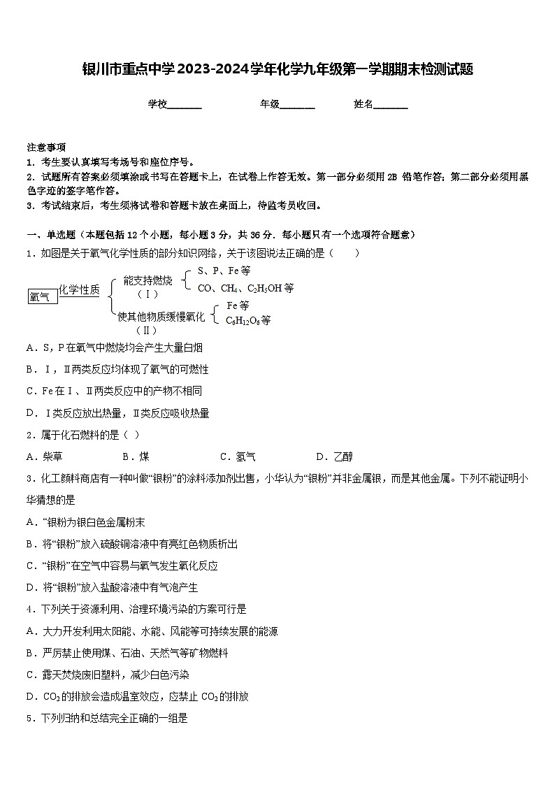 银川市重点中学2023-2024学年化学九年级第一学期期末检测试题含答案第1页